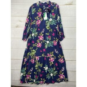Joules Dress 6 Blue Floral Tiered Lined Long Slv Tie Neck Butterfly Boho NWT